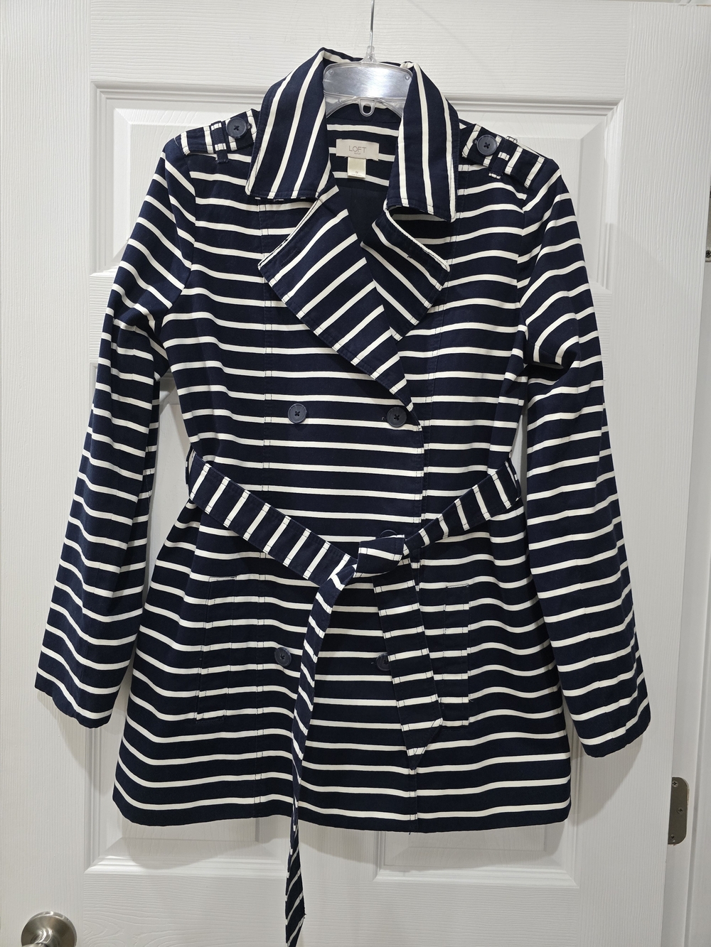 LOFT Navy and White Striped Belted Trench Coat Size M